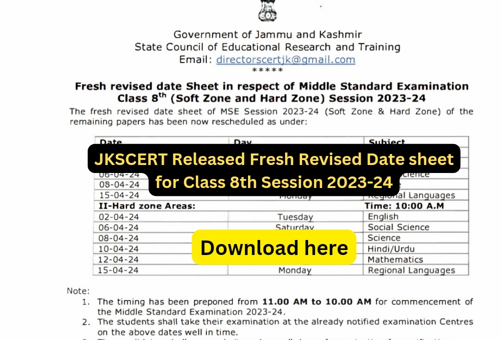 Revised Date Sheet of Class 8th for Session 2023-24